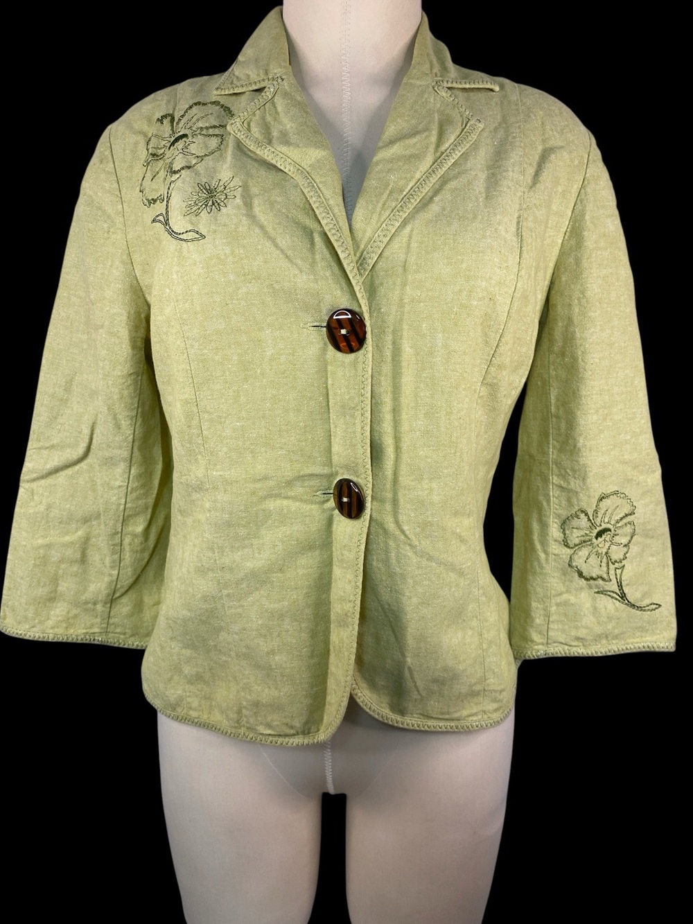 Requirements Olive Green Linen Blend Embroidered Women's Jacket Medium